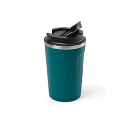 A drink bottle in teal with a black lid and a silver band, featuring a logo. Double wall and leakproof design.