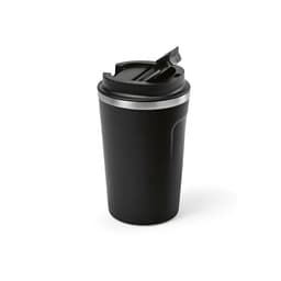 A drink bottle featuring a black exterior, double wall design, and a leakproof lid, with a metallic band.
