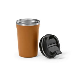 A drink bottle in a rust orange colour with a stainless steel rim and a black leakproof lid. It has a logo.