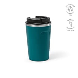 A drink bottle in teal with a black lid, featuring a double wall and leakproof design. It has a logo on the side.
