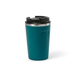 A drink bottle in teal with a black lid and a stainless steel band, featuring a logo on the side.
