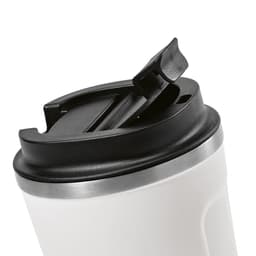 A travel cup with a sleek design featuring a black lid and a stainless steel accent. It has a logo on the surface.