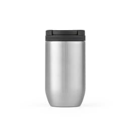 A drink bottle with a sleek stainless steel finish, featuring a black lid and double-wall design.