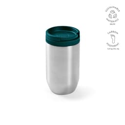 A drink bottle with a stainless steel body and a teal lid, featuring a branded logo, double wall, and leakproof design.