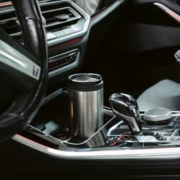 A drink bottle with a double wall design, in silver, placed in a car cup holder with a sleek interior.