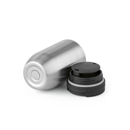 A drink bottle with a stainless steel body, featuring a black, leakproof lid and a logo on the base.