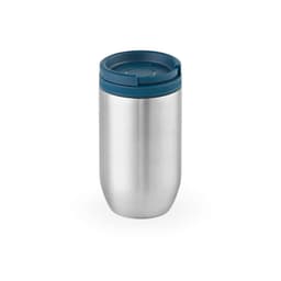 A drink bottle with a sleek stainless steel body and a blue lid, featuring a double wall and leakproof design.
