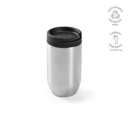 A drink bottle with a silver stainless steel finish and a black lid, featuring a logo. Double wall and leakproof design.