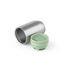 A drink bottle made of stainless steel with a mint green leakproof lid. It features a double-wall design.