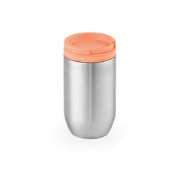 A drink bottle featuring a stainless steel body with an orange lid, designed for travel and leakproof use.
