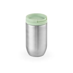 A drink bottle featuring a stainless steel body with a light green lid. It has a double wall and is leakproof.