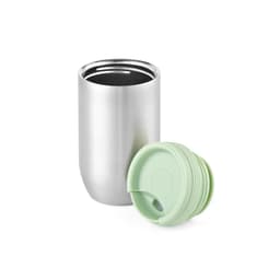 A drink bottle in stainless steel with a light green lid, featuring a double wall and leakproof design.
