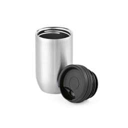 A stainless steel double wall travel cup in silver with a black leakproof lid, featuring a sleek design.