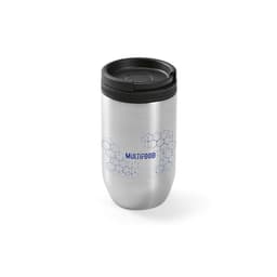 A drink bottle made of stainless steel with a black lid, featuring a geometric design and a logo.