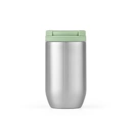 A stainless steel travel cup with a mint green lid, featuring double wall insulation and a leakproof design.