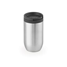 A drink bottle with a sleek stainless steel finish, featuring a black leakproof lid and a branding logo.
