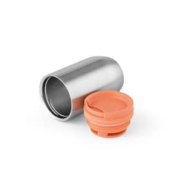 A drink bottle with a stainless steel body and an orange leakproof lid, featuring a sleek, double wall design.