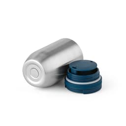 A drink bottle featuring a silver stainless steel body and a blue leakproof cap. It has a branding logo.