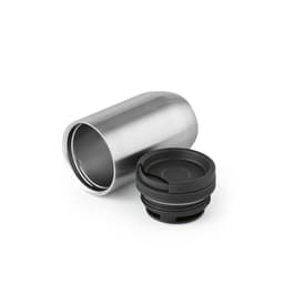 A drink bottle in stainless steel with a black, leakproof lid, featuring a logo on the side.