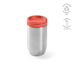 A drink bottle with a stainless steel body and a red lid, featuring a branding logo. Double wall and leakproof design.