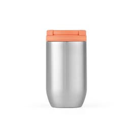 A drink bottle with a silver stainless steel body and an orange lid, featuring a double wall and leakproof design.