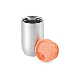A drink bottle with a stainless steel body and an orange leakproof lid, featuring a logo.