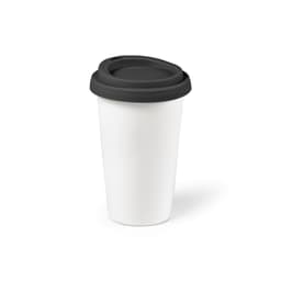 A drink bottle with a white ceramic body and a black coloured lid, featuring a logo. Double wall design.