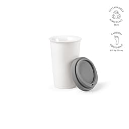 A drink bottle with a white ceramic body and a grey lid, featuring a logo and sustainable materials icons.