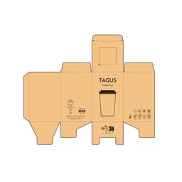 A packaging design for a Tagus Travel Cup, featuring a double wall and a coloured lid. The box is in a neutral tan colour.