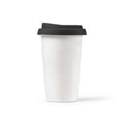 A drink bottle featuring a white ceramic body and a black coloured lid, designed with double wall insulation.