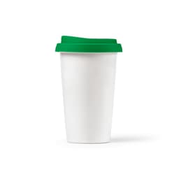 A drink bottle with a white ceramic body and a green coloured lid, featuring a double wall design.