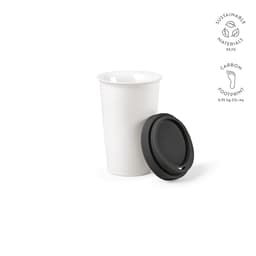 A drink bottle in white ceramic with a black lid, featuring a branded design and sustainable materials.