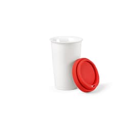 A drink bottle made of white ceramic with a red silicone lid, featuring a logo on the side.