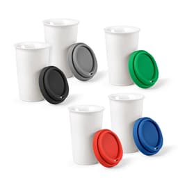 A drink bottle set featuring ceramic cups in white with coloured lids in grey, green, red, and blue. Includes branding.