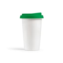 A drink bottle in white ceramic with a green lid, featuring a double wall for insulation. It has a logo.