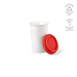 A drink bottle with a white ceramic body and a red coloured lid, featuring a logo and sustainable materials branding.