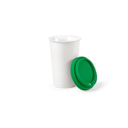 A drink bottle with a white ceramic cup and a green silicone lid, featuring a logo.