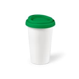 A drink bottle with a white ceramic body and a vibrant green coloured lid, featuring double wall insulation and a logo.