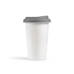 A drink bottle featuring a white ceramic body and a grey double-wall lid, ideal for travel.