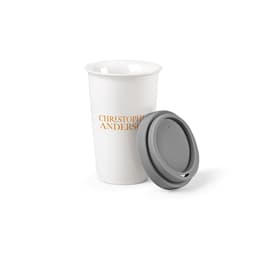 A drink bottle with a white ceramic body and a grey silicone lid, featuring a logo on the side.