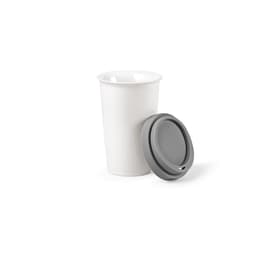 A drink bottle featuring a white ceramic body and a grey silicone lid, with a double wall design.