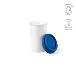 A drink bottle featuring a white ceramic body and a blue coloured lid, with a double wall design. Includes branding.