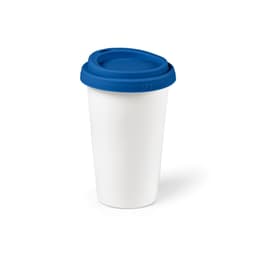 A drink bottle featuring a white ceramic body and a blue silicone lid, designed with a double wall for insulation.