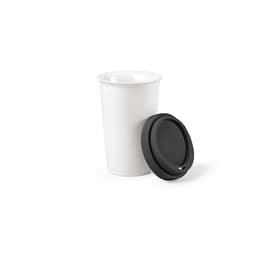 A drink bottle featuring a white ceramic cup and a black silicone lid. It has a double-wall design.