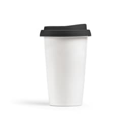 A drink bottle featuring a white ceramic design with a black coloured lid and a double wall for insulation.