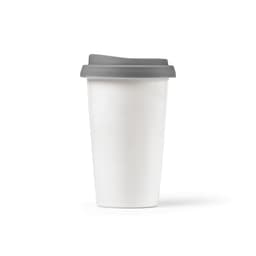 A drink bottle featuring a white ceramic body and a grey coloured lid, with a double wall design.