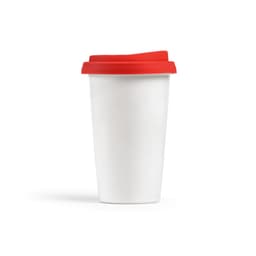 A drink bottle with a white ceramic body and a bright red double wall lid, featuring a logo.