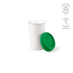 A drink bottle with a white ceramic body and a green coloured lid, featuring a logo and sustainable materials info.
