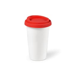 A drink bottle featuring a white ceramic body and a red silicone lid, designed with a double wall for insulation.