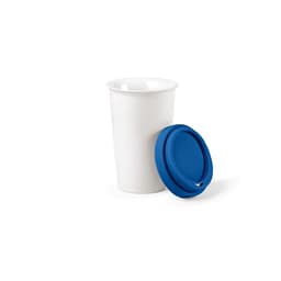 A drink bottle featuring a white ceramic body and a blue silicone lid, designed with a double wall.